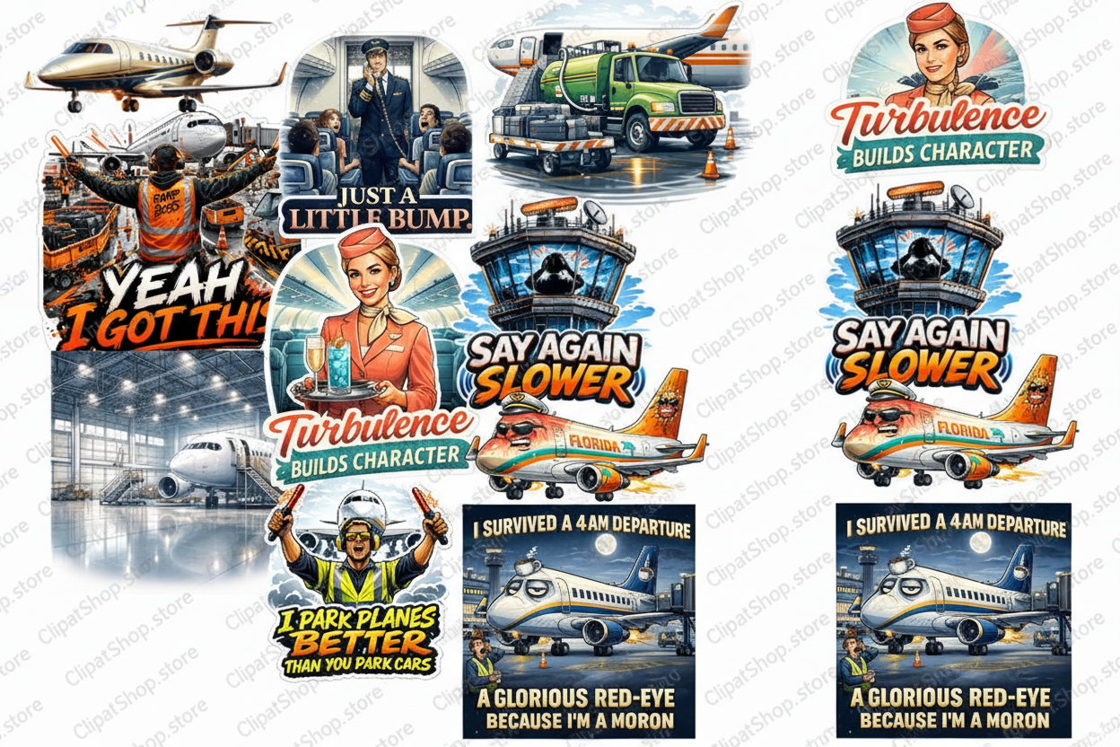 Funny Aviation Sticker Clipart 60 Pack Bundle PNG, Airplane Meme Clipart Pack, Pilot Airport ATC Ramp Agent Stickers, Printable Digital Download